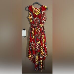Vibrant Red and Yellow Patterned Maxi Dress
